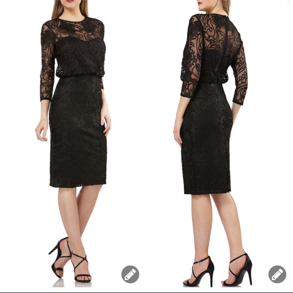 JS Collections black lace piping 3/4 sleeves midi party dress size 4